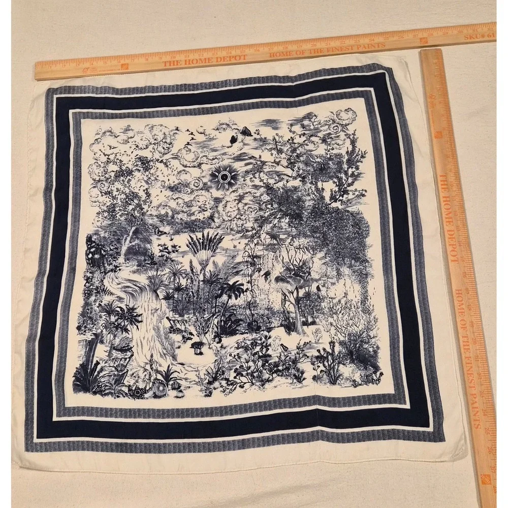 Navy Blue Cream Toile de Jouy Tropical Jungle Print Square Scarf 25x25